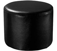 Round Black Leather Pouf Ottoman - Upholstered Footstool Solid Wood Coffee Table Bench Small Living Room Accent (29x29x30cm / 11x11x12inch)
