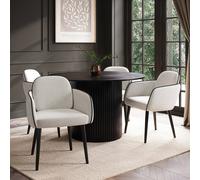 Round Black Oak Dining Table Set with 4 Cream Upholstered Chairs - Seats 4 - Jarel