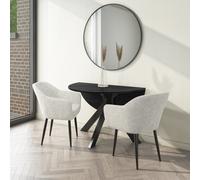 Round Black Oak Drop Leaf Dining Table Set with 2 Cream Boucle Chairs - Seats 2 - Carson
