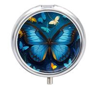 Round Blue Butterfly Pattern Pill Organizer Pill Box 3 Compartment Portable Travel Medicine Case Daily Mini Compact Medicine Container Storage Vitamin Supplement Dispenser