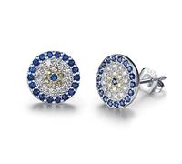 Round Blue Evil Eye Stud Earrings Sterling Silver 925 Cubic Zirconia For Women Girls Dia.10mm