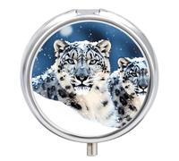 Round Blue Eyes Snow Leopard Pill Case with 3 Compartments, Portable Travel Pill Organizer Box, Mini Metal Pill Holder and Vitamin Containers