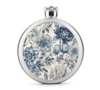 Round Blue Flower Hip Flask Stainless Steel Portable Whiskey Flask Personalized Pocket Alcohol Flasks Leak Proof Liquor Bottle Gift for Men Women Wedding Party