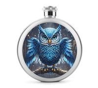 Round Blue Owl Hip Flask Stainless Steel Portable Whiskey Flask Personalized Pocket Alcohol Flasks Leak Proof Liquor Bottle Gift for Men Women Wedding Party