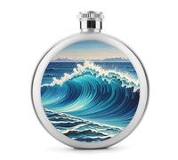 Round Blue Wave Art Hip Flask Stainless Steel Portable Whiskey Flask Personalized Pocket Alcohol Flasks Leak Proof Liquor Bottle Gift for Men Women Wedding Party