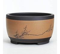 Round Bonsai Pot Green Plant Pot Bonsai Flower Pot Ceramic Drum-Shaped Ventilation Basin Round Planter with Drip Tray Decorative Plant Container,Yellow 17cm