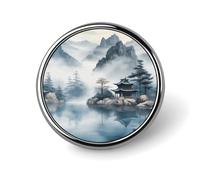 Round Brooches Dress Suit Accessories Lapel Pin Asian Landscape Painting Vintage Brooch Gifts for Women Men Souvenir, Circular, Aluminum, aluminum alloy