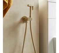 Round Brushed Brass Bidet Douche Kit with Shut-Off Valve & Hose - Heavy Duty Premium Brass Bidet Spray, 1.5m Hose & Built in Isolator