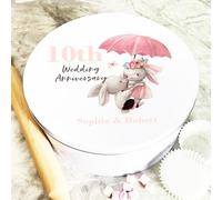 Round Bunnies Couple 10th Wedding Anniversary Personalised Cake Tin Personalised Gift | Custom Gift | Personalized Tin | Cake, Biscuit & Treat Tins | Gift For Her | Gift For Him