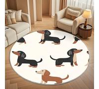 Round Carpet Rug for Under Dining Table 100cm, 8mm Short Pile Anti Slip Cartoon Dachshund Print Round Carpet Machine washable, Beige Circle Rugs For Bedroom Bedside and Sofa Side