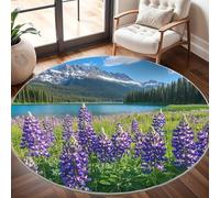 Round Carpet Rug for Under Dining Table 100cm, 8mm Short Pile Anti Slip Purple Lupine Round Carpet Machine washable, Natural Scenery Circle Rugs For Bedroom Bedside and Sofa Side
