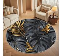Round Carpet Rug for Under Dining Table 100cm, 8mm Short Pile Anti Slip Tropical Plant Print Round Carpet Machine washable, Black And Gold Circle Rugs For Bedroom Bedside and Sofa Side