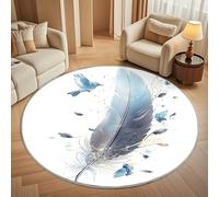 Round Carpet Rug for Under Dining Table 120cm, 8mm Short Pile Anti Slip Animal Feather Illustration Round Carpet Machine washable, White Circle Rugs For Bedroom Bedside and Sofa Side