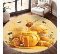 Round Carpet Rug for Under Dining Table 160cm, 8mm Short Pile Anti Slip Bee Hive Theme Round Carpet Machine washable, Yellow Circle Rugs For Bedroom Bedside and Sofa Side