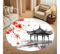 Round Carpet Rug for Under Dining Table 160cm, 8mm Short Pile Anti Slip Japanese Cherry Blossom Building Round Carpet Machine washable, White Circle Rugs For Bedroom Bedside and Sofa Side