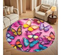 Round Carpet Rug for Under Dining Table 180cm, 8mm Short Pile Anti Slip Colorful Butterfly Print Round Carpet Machine washable, Pink Circle Rugs For Bedroom Bedside and Sofa Side