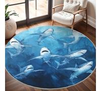 Round Carpet Rug for Under Dining Table 180cm, 8mm Short Pile Anti Slip Ocean Shark Print Round Carpet Machine washable, Blue Oil Painting Style Circle Rugs For Bedroom Bedside and Sofa Side