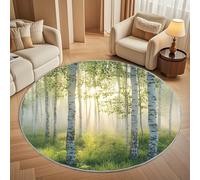 Round Carpet Rug for Under Dining Table 180cm, 8mm Short Pile Anti Slip Plant Birch jungle Round Carpet Machine washable, Sunshine Green Circle Rugs For Bedroom Bedside and Sofa Side