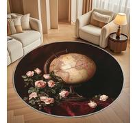 Round Carpet Rug for Under Dining Table 180cm, 8mm Short Pile Anti Slip Vintage Floral Globe Round Carpet Machine washable, Red Circle Rugs For Bedroom Bedside and Sofa Side