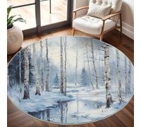 Round Carpet Rug for Under Dining Table 180cm, 8mm Short Pile Anti Slip Winter Birch jungle Stream Round Carpet Machine washable, Snow Scene Circle Rugs For Bedroom Bedside and Sofa Side