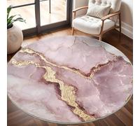 Round Carpet Rug for Under Dining Table 200cm, 8mm Short Pile Anti Slip Marble Gold Texture Round Carpet Machine washable, Pink Circle Rugs For Bedroom Bedside and Sofa Side
