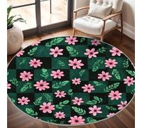 Round Carpet Rug for Under Dining Table 200cm, 8mm Short Pile Anti Slip Pink Florals Round Carpet Machine washable, Green Plaid Circle Rugs For Bedroom Bedside and Sofa Side