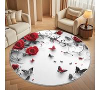 Round Carpet Rug for Under Dining Table 200cm, 8mm Short Pile Anti Slip Red Romantic Rose Round Carpet Machine washable, Butterfly Circle Rugs For Bedroom Bedside and Sofa Side