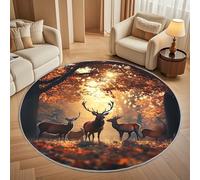 Round Carpet Rug for Under Dining Table 200cm, 8mm Short Pile Anti Slip Reindeer Pattern Round Carpet Machine washable, Autumn jungle Circle Rugs For Bedroom Bedside and Sofa Side