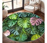 Round Carpet Rug for Under Dining Table 200cm, 8mm Short Pile Anti Slip Tropical Leaf Print Round Carpet Machine washable, Green Circle Rugs For Bedroom Bedside and Sofa Side