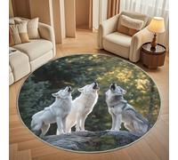 Round Carpet Rug for Under Dining Table 80cm, 8mm Short Pile Anti Slip Animal Wolf Howling Round Carpet Machine washable, jungle Animals Circle Rugs For Bedroom Bedside and Sofa Side