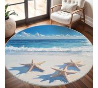 Round Carpet Rug for Under Dining Table 80cm, 8mm Short Pile Anti Slip Beach Waves Starfish Round Carpet Machine washable, Light Blue Circle Rugs For Bedroom Bedside and Sofa Side