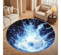 Round Carpet Rug for Under Dining Table 80cm, 8mm Short Pile Anti Slip Flame Football Theme Round Carpet Machine washable, Blue Circle Rugs For Bedroom Bedside and Sofa Side