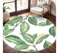Round Carpet Rug for Under Dining Table 80cm, 8mm Short Pile Anti Slip Green Leaf Patterns Round Carpet Machine washable, White Circle Rugs For Bedroom Bedside and Sofa Side
