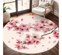 Round Carpet Rug for Under Dining Table 80cm, 8mm Short Pile Anti Slip Japanese Cherry Blossom Theme Round Carpet Machine washable, Pink Circle Rugs For Bedroom Bedside and Sofa Side