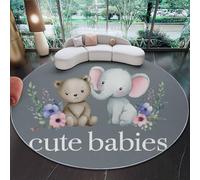 Round Carpets Elegant Animals Bear Elephant Rugs Living Room, Non-Slip Lightweight Large Round Rug for Bedroom Dining Room Kitchen Office 120 cm - Gray Children's Bedside Rug