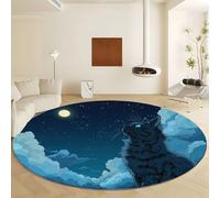 Round Cartoon Anime Area Rugs for Living Room, Night Sky Animals Cats Stars Circle Carpet 180 cm, Washable Circle Non Slip Rugs, Short Pile Floor Round Carpet for Bedroom Easy Care