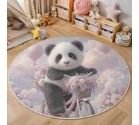 Round Cartoon Fantasy Illustrations Rug for Living Room, Machine Washable Rug Non-Slip, Low Pile & Non-Shedding, Cute Pandas Hot Air Balloon Prints Carpets for Bedroom Lounge, 60cm , Light Pink