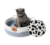 Round Cat Bed - Cotton Rope Cat Basket | Handmade Woven Animal Basket with Mat, All-Season Scratching Post, Washable Rattan Style Nest for Indoor Cats, Puppies, Rabbits, Small Pet