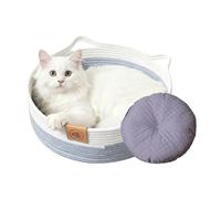 Round Cat Bed - Cotton Rope Cat Basket | Handmade Woven Animal Basket with Mat, All-Season Scratching Post, Washable Rattan Style Nest for Indoor Cats, Puppies, Rabbits, Small Pet