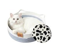 Round Cat Bed - Cotton Rope Cat Basket | Handmade Woven Animal Basket with Mat, All-Season Scratching Post, Washable Rattan Style Nest for Indoor Cats, Puppies, Rabbits, Small Pet