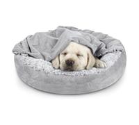 Round Cat Cave Bed with Blanket Cover, Self-Warming Donut Pet Bed (Beige)