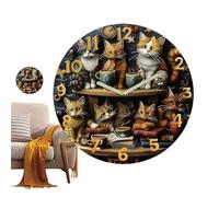 Round Cat Clock, Silent Retro Wooden Bookshelf, 12 Inch Professional Grade Wall Clock, High Contrast Natural Wood Finish, Industrial Strength Precision Quartz Logic, Timepiece for Living Rooms Offices