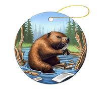 Round Ceramic Christmas Ornament Busy Beaver Cartoon Printed Premium Souvenir Holiday Decoration with Hanging String - Perfect for Christmas Tree, Fireplace, And Gifts