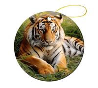Round Ceramic Christmas Ornament Tiger Laying on The Grass Printed Premium Souvenir Holiday Decoration with Hanging String - Perfect for Christmas Tree, Fireplace, And Gifts