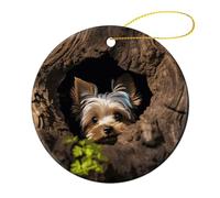 Round Ceramic Christmas Ornaments - A Little Yorkshire Terrier Double Sided Porcelain Hanging Decor for Xmas Tree, Holiday Home Decor and Gift Party Decorations (2.8 Inch)