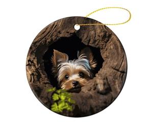 Round Ceramic Christmas Ornaments - A Little Yorkshire Terrier Double Sided Porcelain Hanging Decor for Xmas Tree, Holiday Home Decor and Gift Party Decorations (2.8 Inch)
