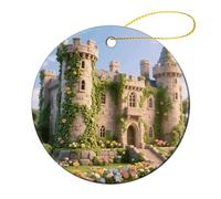 Round Ceramic Christmas Ornaments - Ancient Castle Double Sided Porcelain Hanging Decor for Xmas Tree, Holiday Home Decor and Gift Party Decorations (2.8 Inch)
