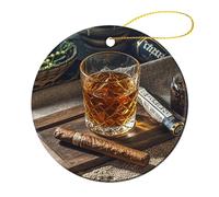 Round Ceramic Christmas Ornaments - Cigar & Whiskey Double Sided Porcelain Hanging Decor for Xmas Tree, Holiday Home Decor and Gift Party Decorations (2.8 Inch)