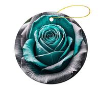 Round Ceramic Christmas Ornaments - Teal Gray Rose Flower Double Sided Porcelain Hanging Decor for Xmas Tree, Holiday Home Decor and Gift Party Decorations (2.8 Inch)