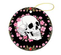 Round Ceramic Christmas Ornaments - White Skull & Pink Cherry Blossoms Double Sided Porcelain Hanging Decor for Xmas Tree, Holiday Home Decor and Gift Party Decorations (2.8 Inch)